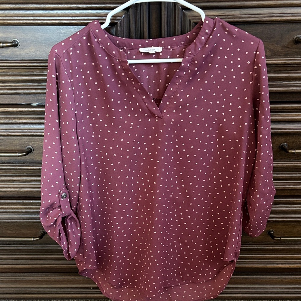 Maurices Burgundy Polka Dot Blouse